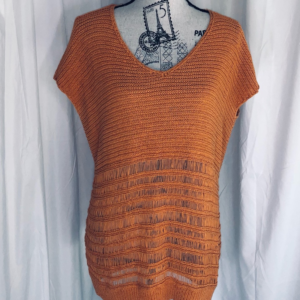 Lafayette 148 NY Women’s XL Cap-Sleeve Gold Knit V-Neck Sweater Lightweight